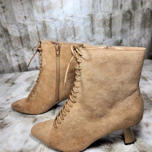 ☆ Adorable Nude Suede 2" Gold Chunky Heel Ankle Bootie